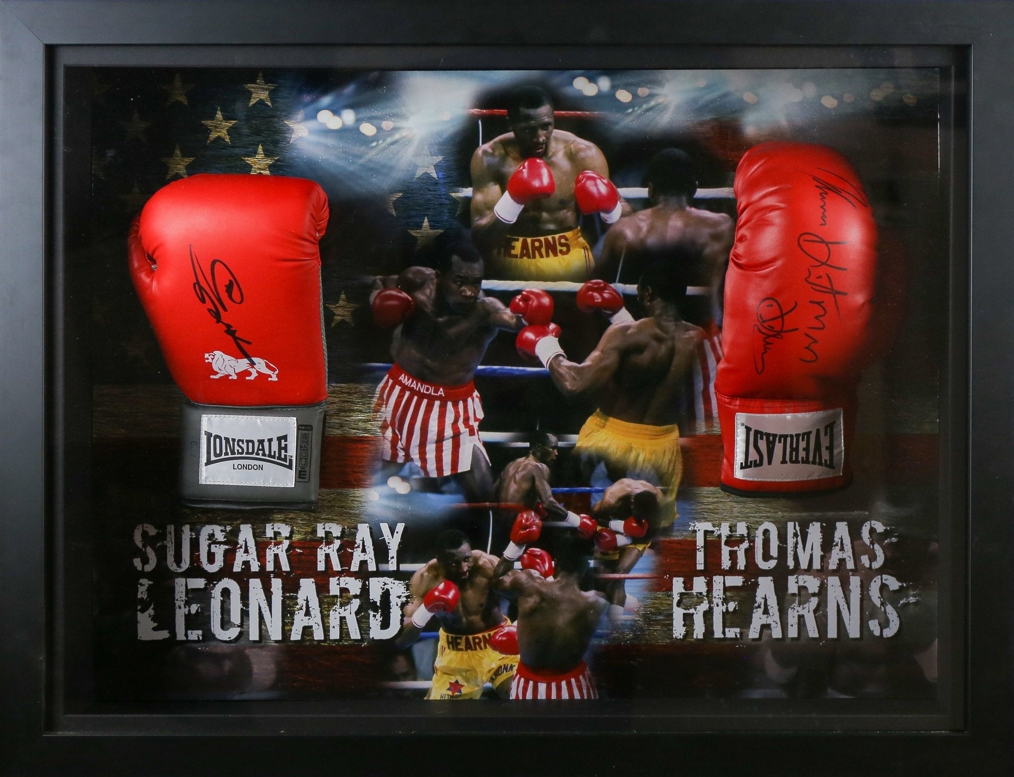 Sugar Ray Leonard and Thomas Hearns Signed Gloves Framed Display - Memorabilia Framers Shop